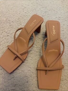 ALDO Tan Strappy Square Toe Block Heel Mules